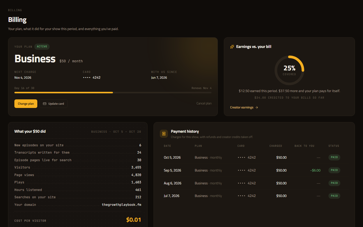 ShowHub billing page