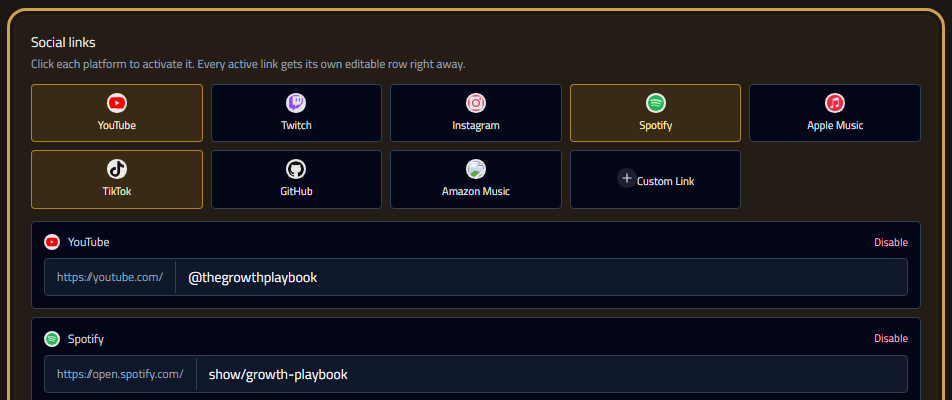 Social links editor
