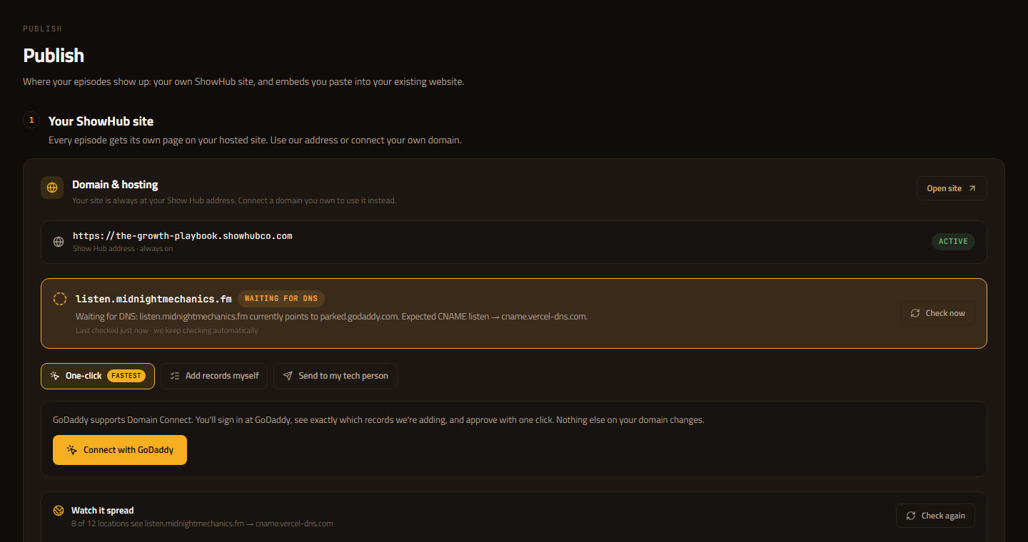 ShowHub embed settings page