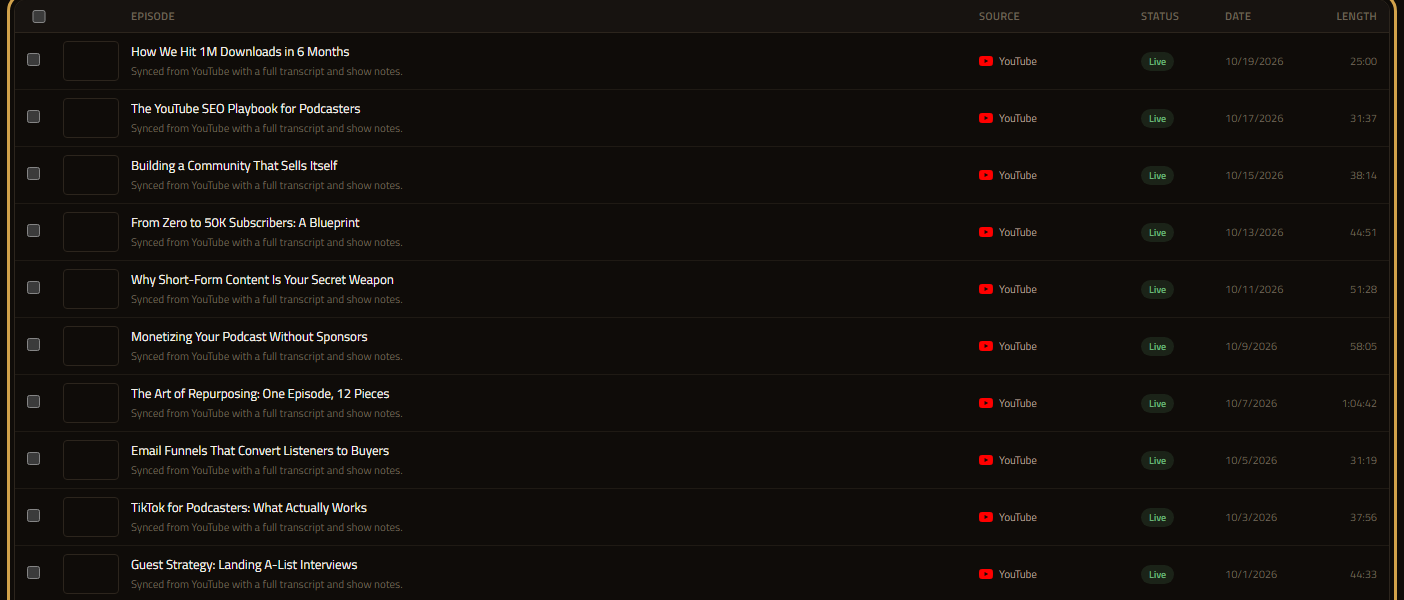 Episode list with type, source, status, date and length columns