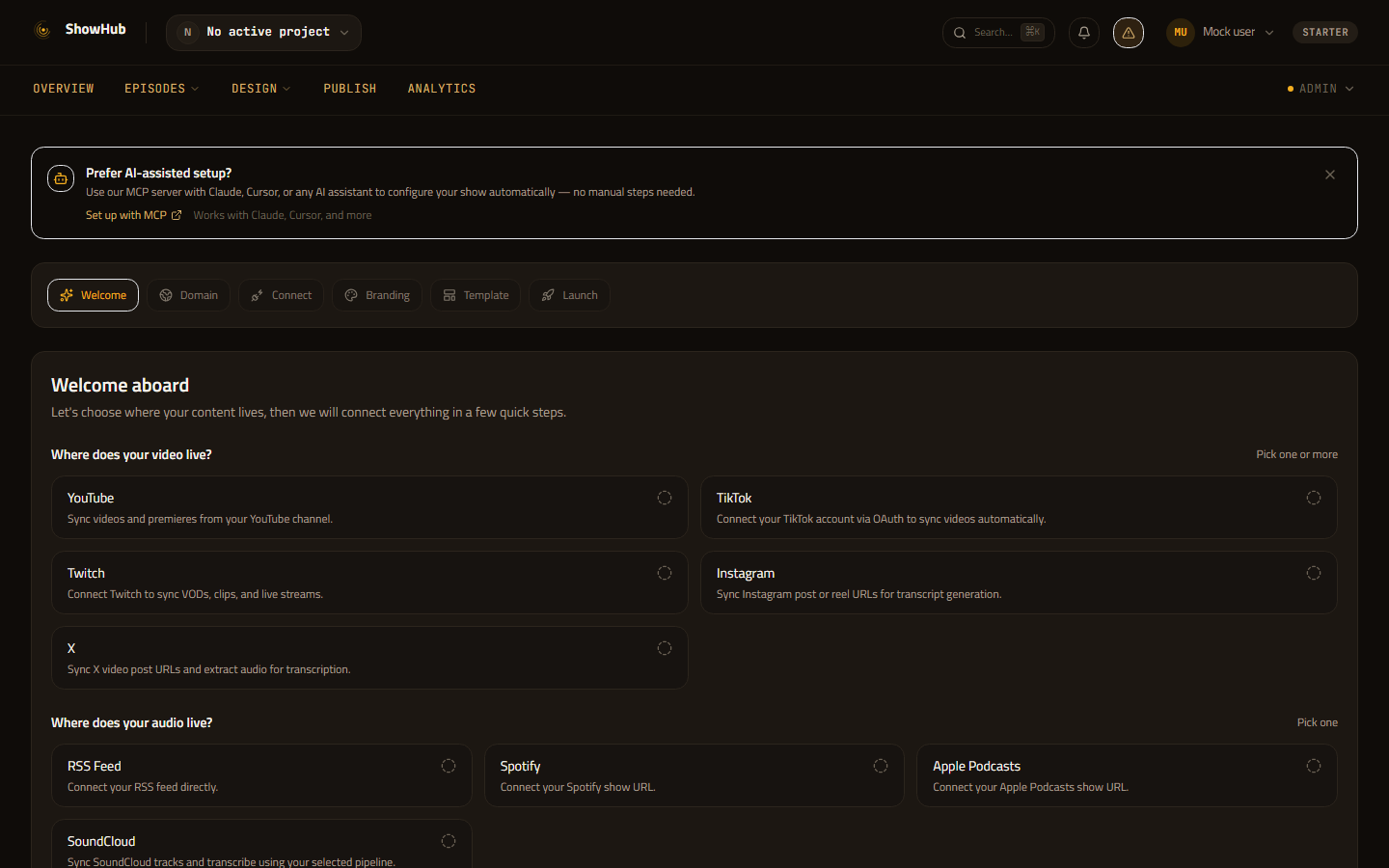 Setup wizard card on dashboard